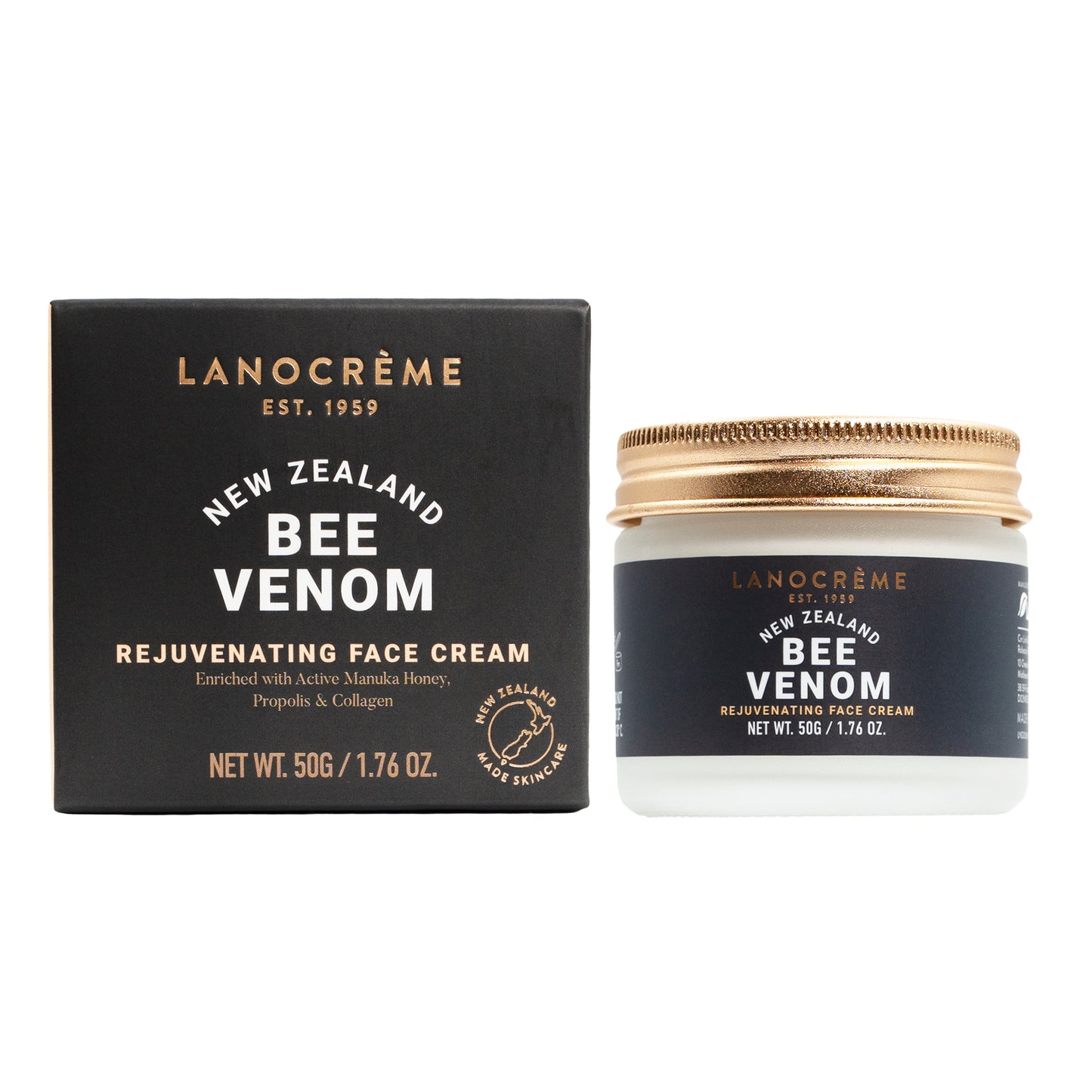 Lanocrème New Zealand Bee Venom Rejuvenating Face Mask shown with its dark gray outer box and the open jar of mask cream next to it on a white background.